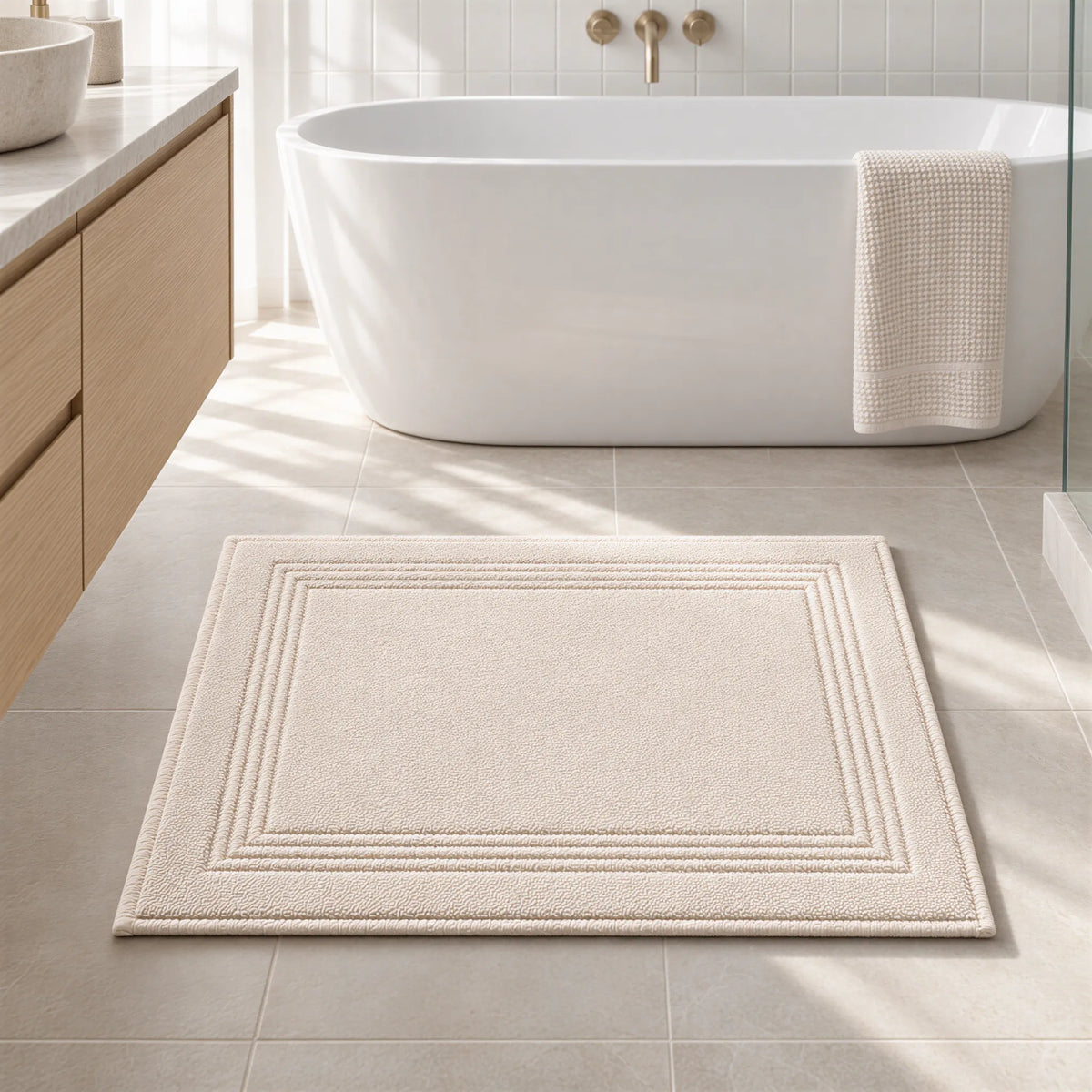 Badematte creme beige aus Zwirnfrottee im hellen Badezimmer