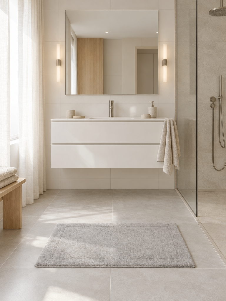 Badematte in Grau auf hellem Fliesenboden im modernen Bad