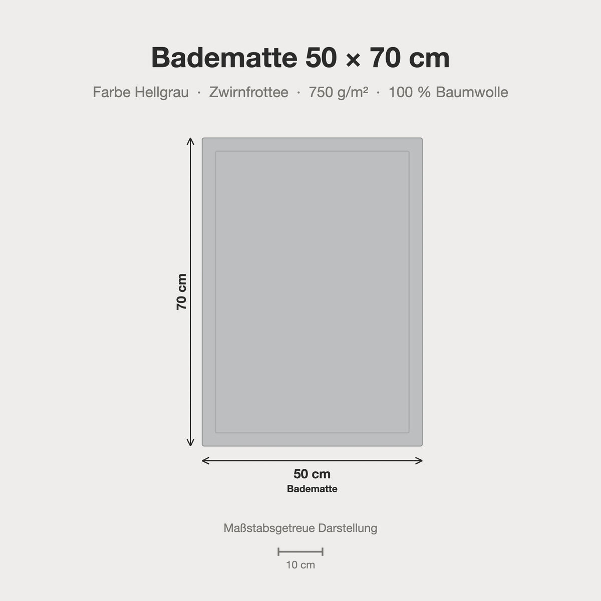 Größenvergleich: Badematte 50 x 70 cm in grau – maßstabsgetreue Infografik