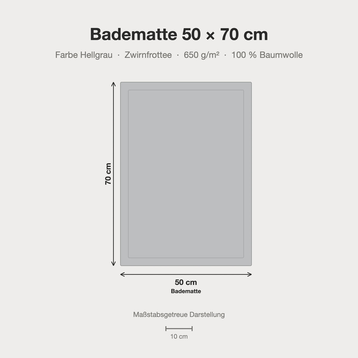 Größenvergleich: Badematte 50 x 70 cm in grau – maßstabsgetreue Infografik