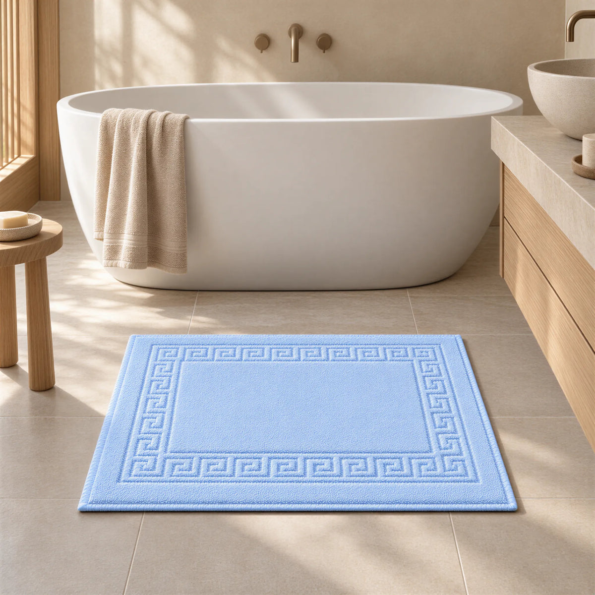 Badematte hellblau aus Zwirnfrottee im hellen Badezimmer