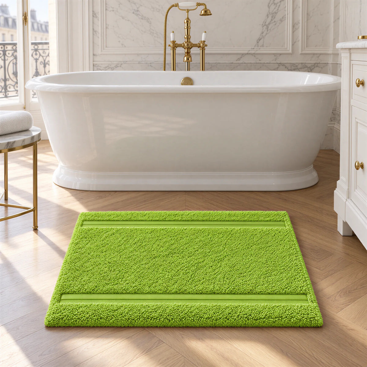 Badematte kiwigrün im hellen Badezimmer