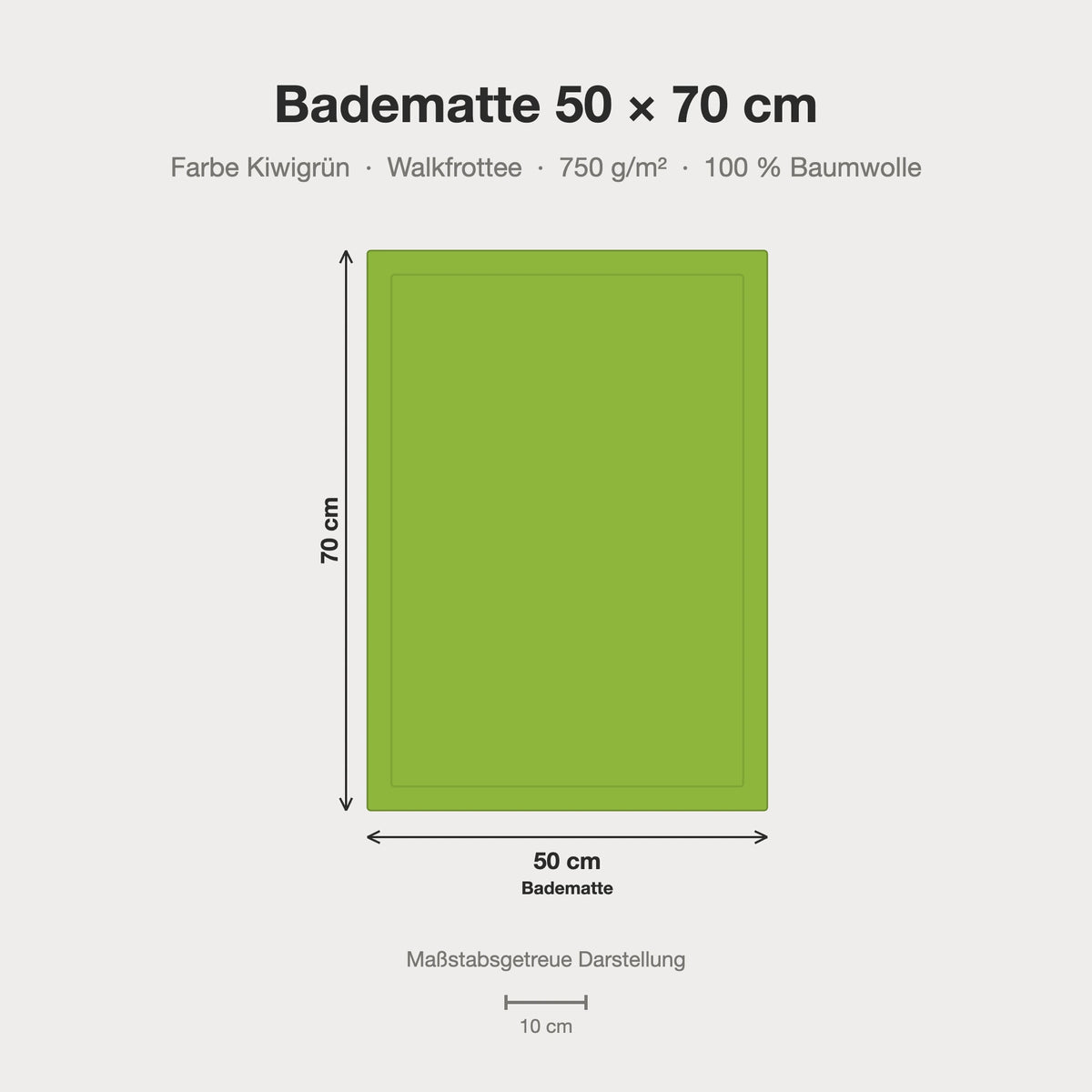 Maßstabsgetreue Größen-Infografik: Badematte 50 x 70 cm in kiwigrün