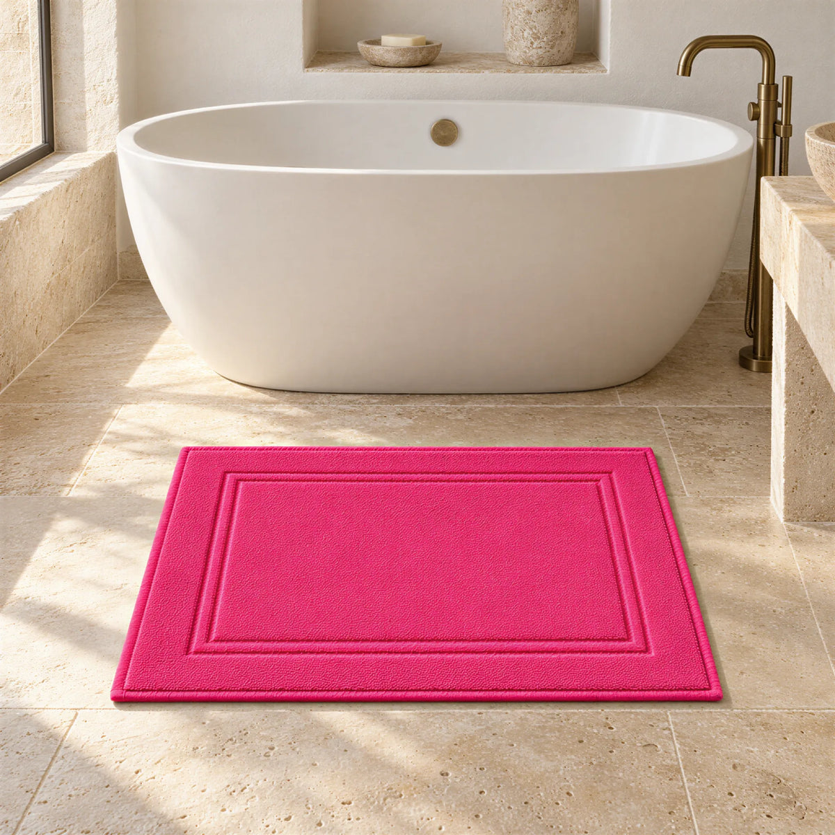 Badvorleger Pink aus Walkfrottee im hellen Badezimmer