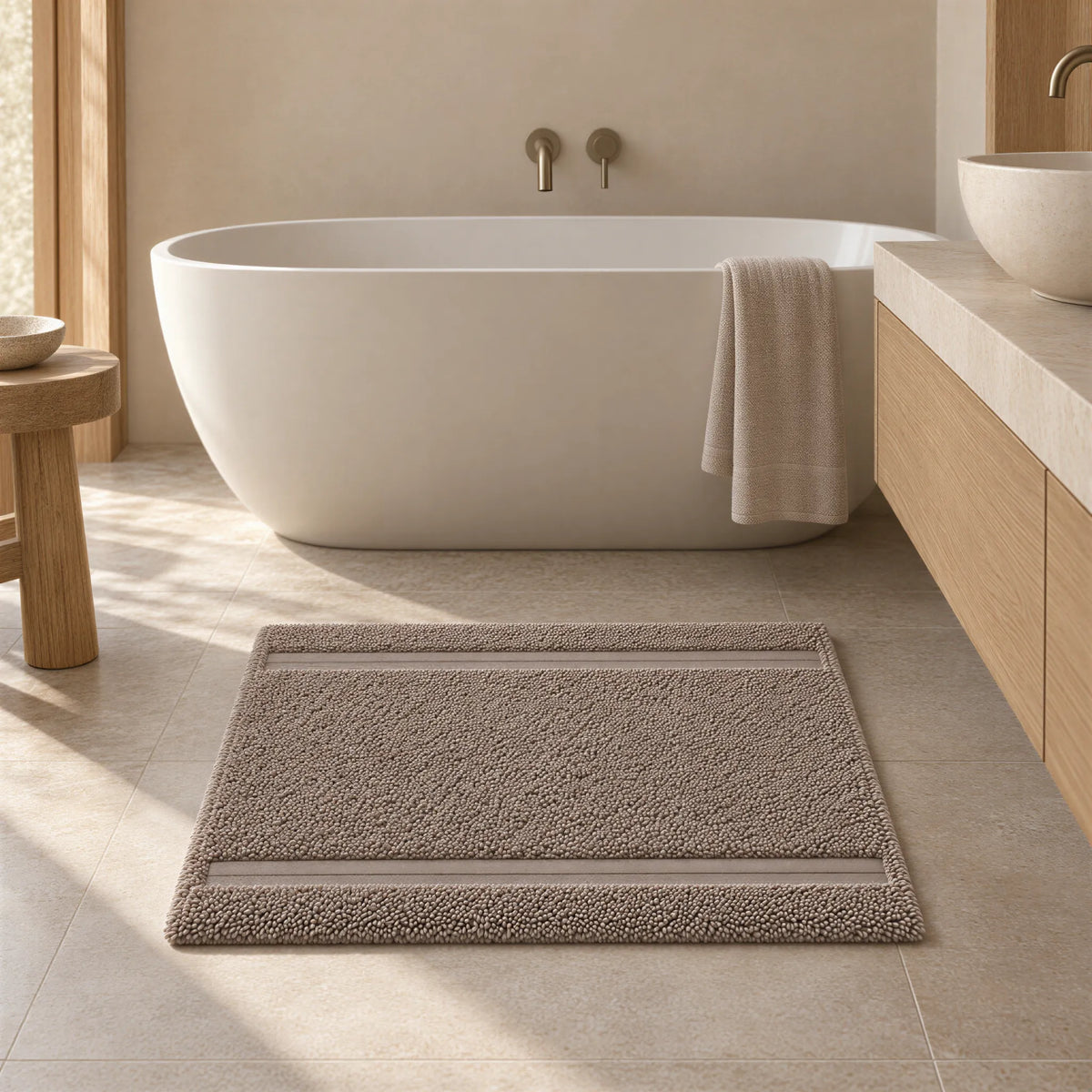 Badematte taupe im hellen Badezimmer
