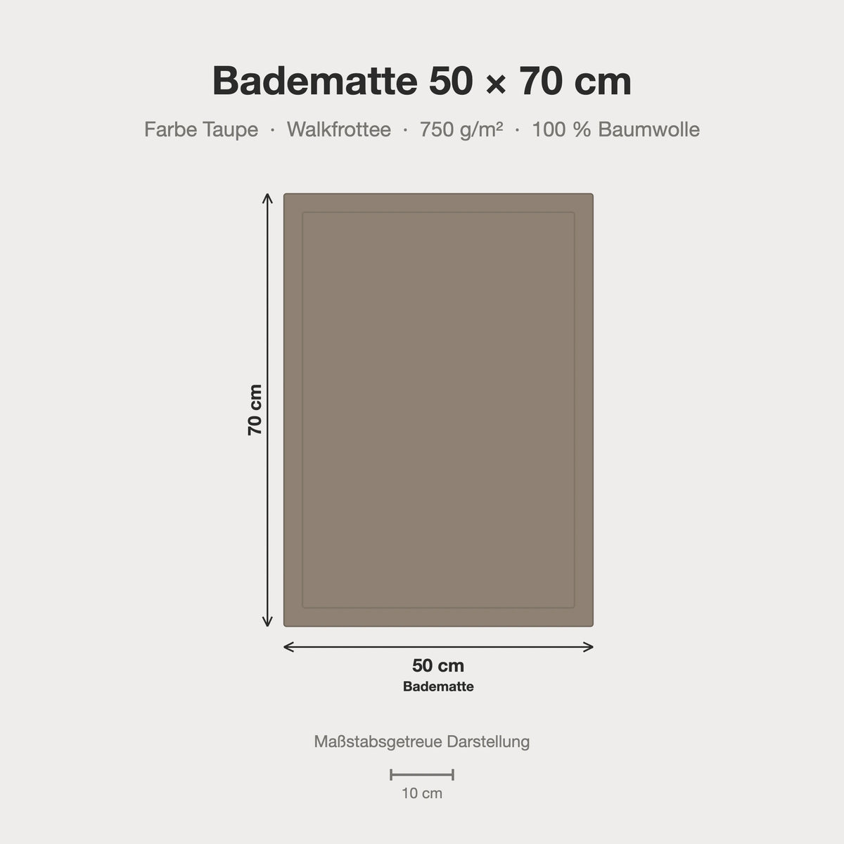 Maßstabsgetreue Größen-Infografik: Badematte 50 x 70 cm in taupe