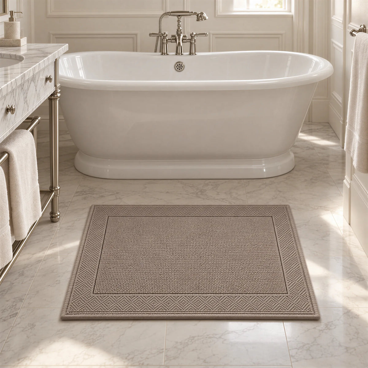 Badematte taupe im hellen Badezimmer