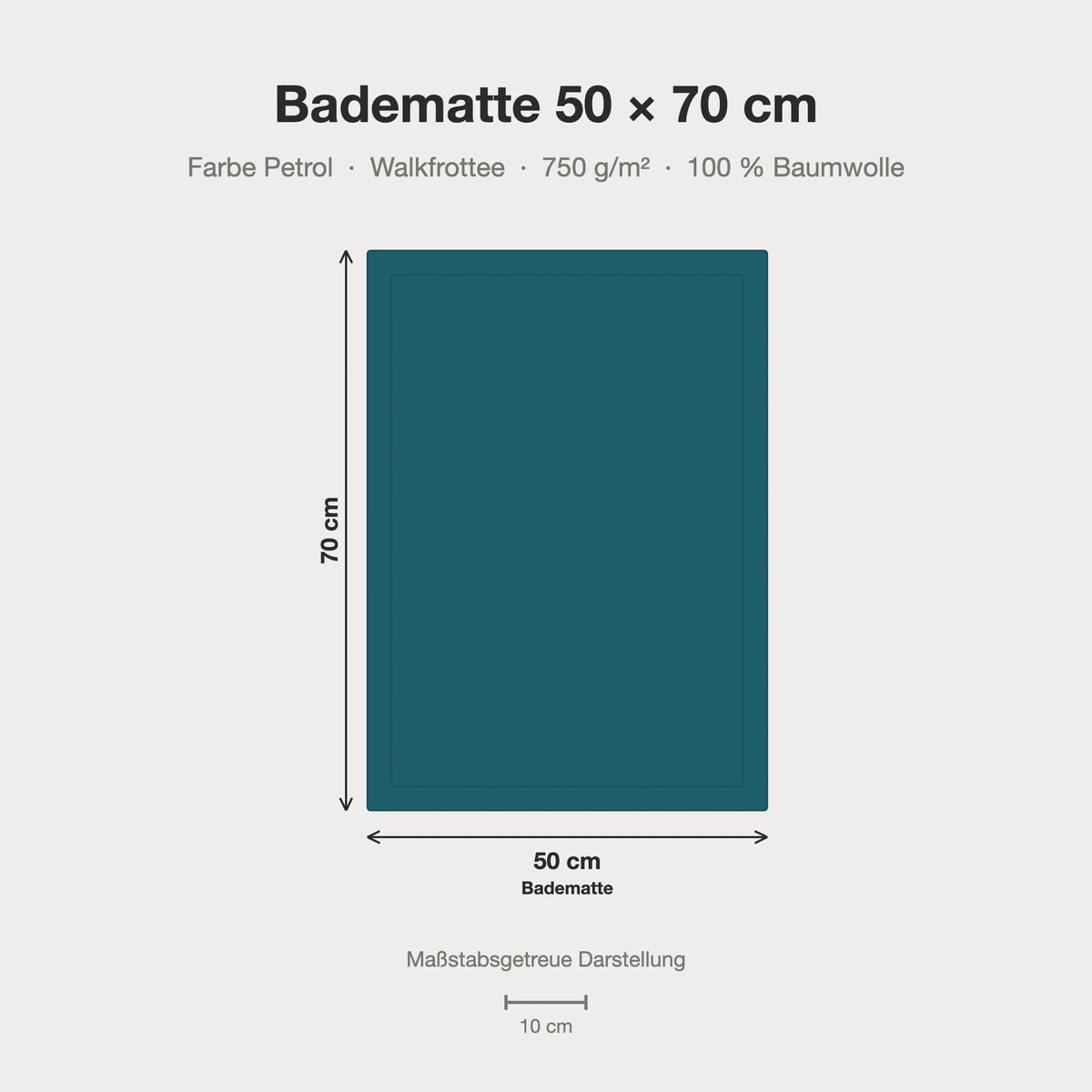 Maßstabsgetreue Größen-Infografik: Badematte 50 x 70 cm in türkis petrol
