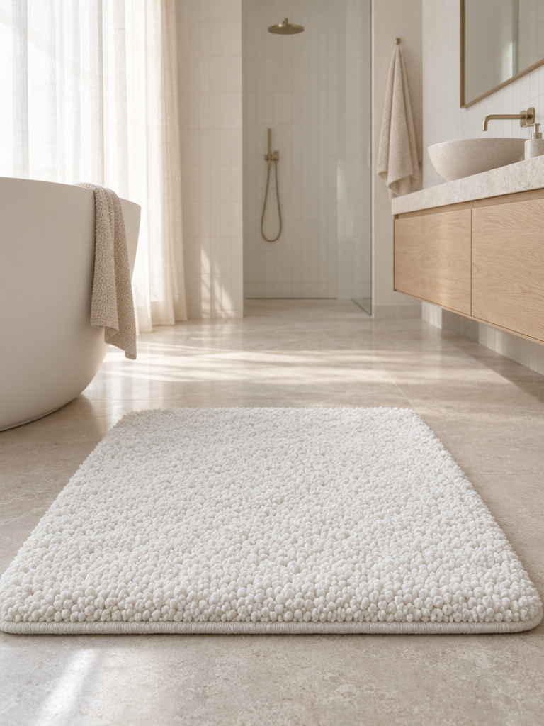 Badematte aus Walkfrottier mit dichten Schlingen in der Nahaufnahme