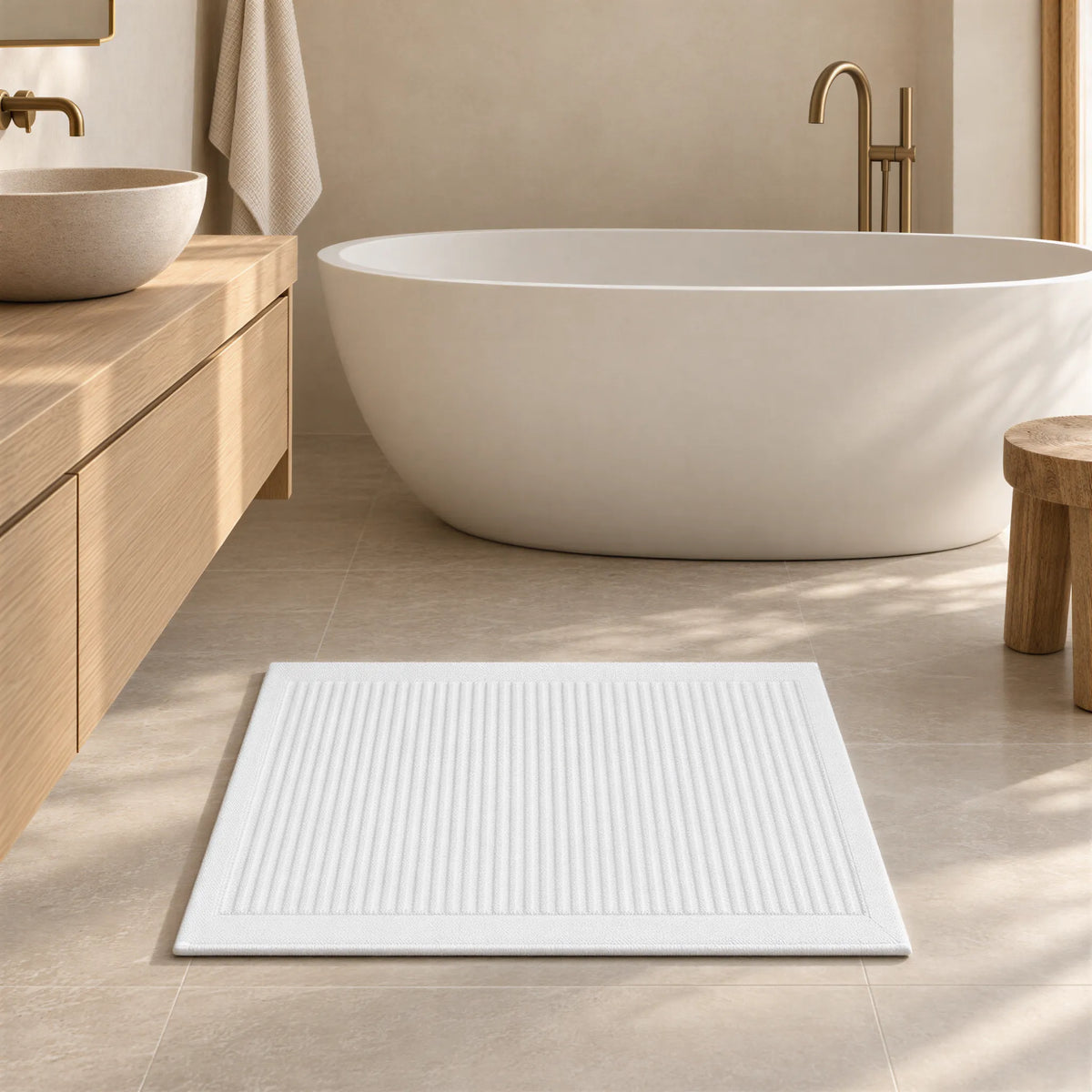 Badematte weiß aus Zwirnfrottee im hellen Badezimmer