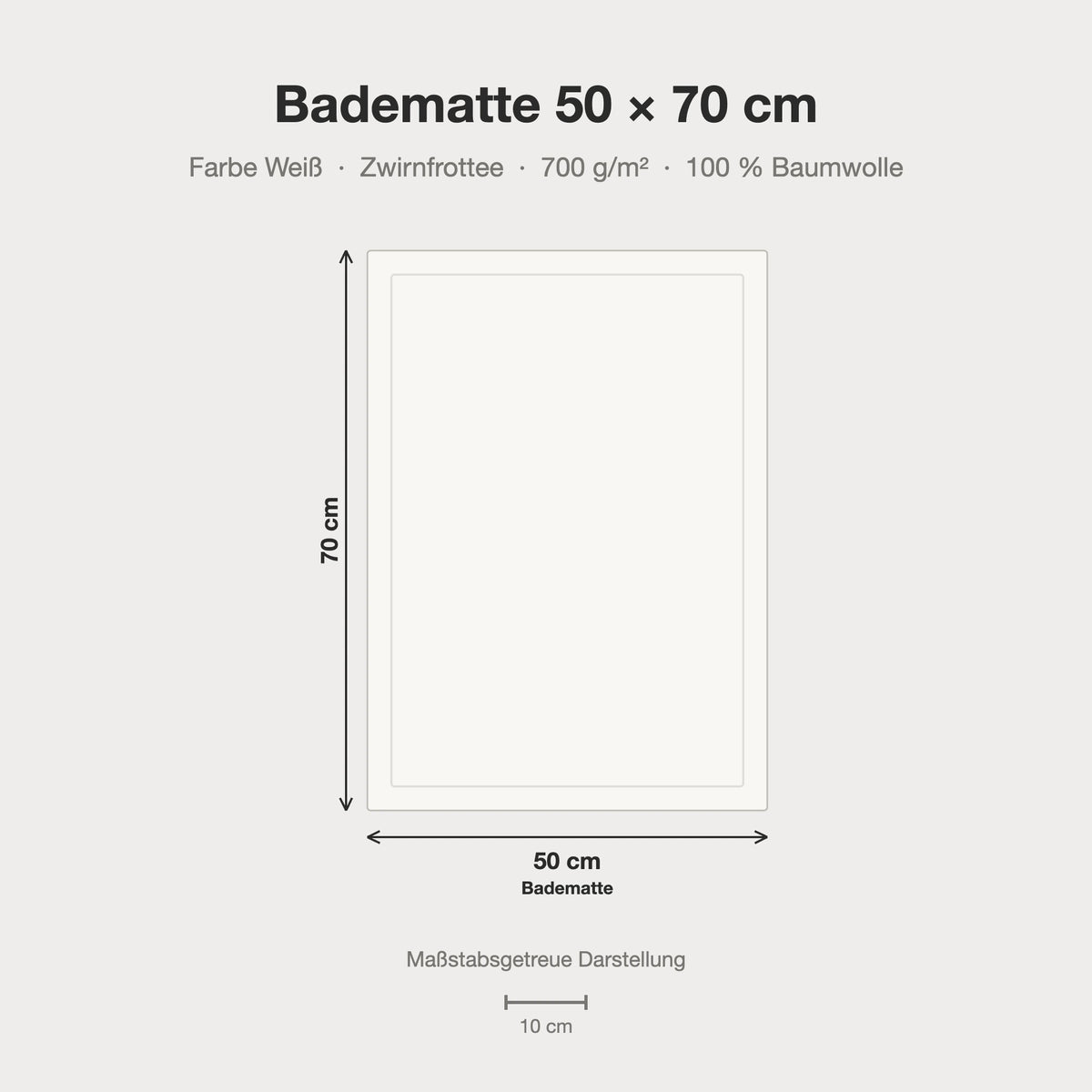 Größenvergleich: Badematte 50 x 70 cm in weiß – maßstabsgetreue Infografik