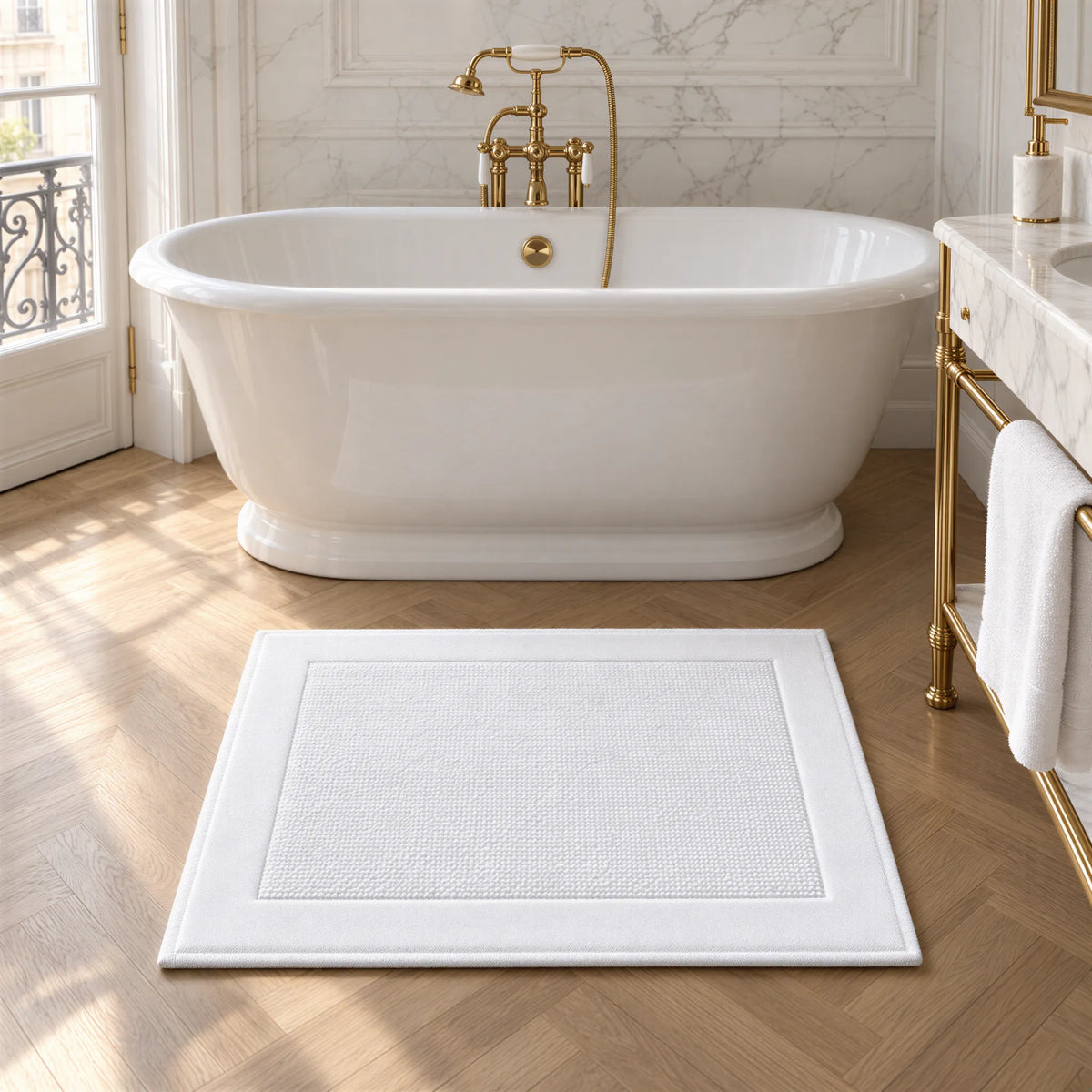 Badematte weiß aus Zwirnfrottee im hellen Badezimmer