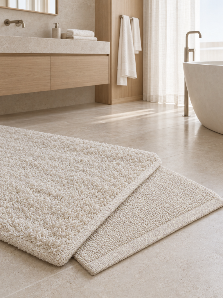 Badematten beige in Walkfrottee und Zwirnfrottee als Nahaufnahme der Schlingen