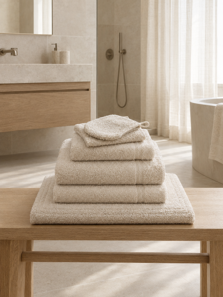 Badematten Set beige mit passenden Handtüchern und Waschhandschuh auf einer Holzbank