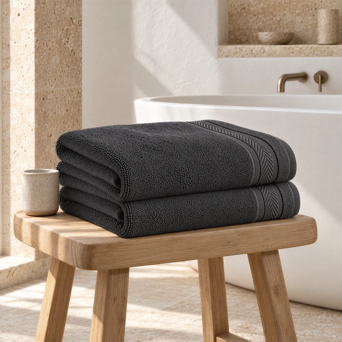 Badetuch Anthrazit aus Walkfrottee im hellen Badezimmer
