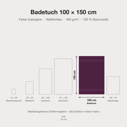 Größenvergleich: Badetuch 100 x 150 cm in Aubergine – maßstabsgetreue Infografik