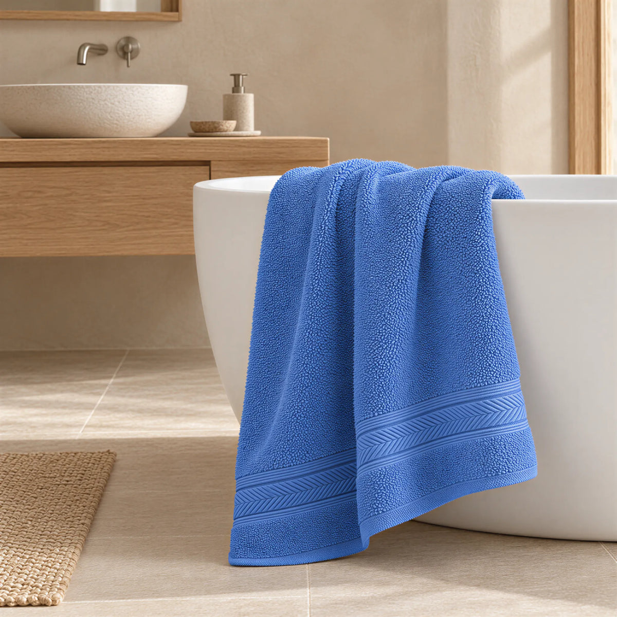 Badetuch Azurblau aus Walkfrottee – Ambiente im Bad