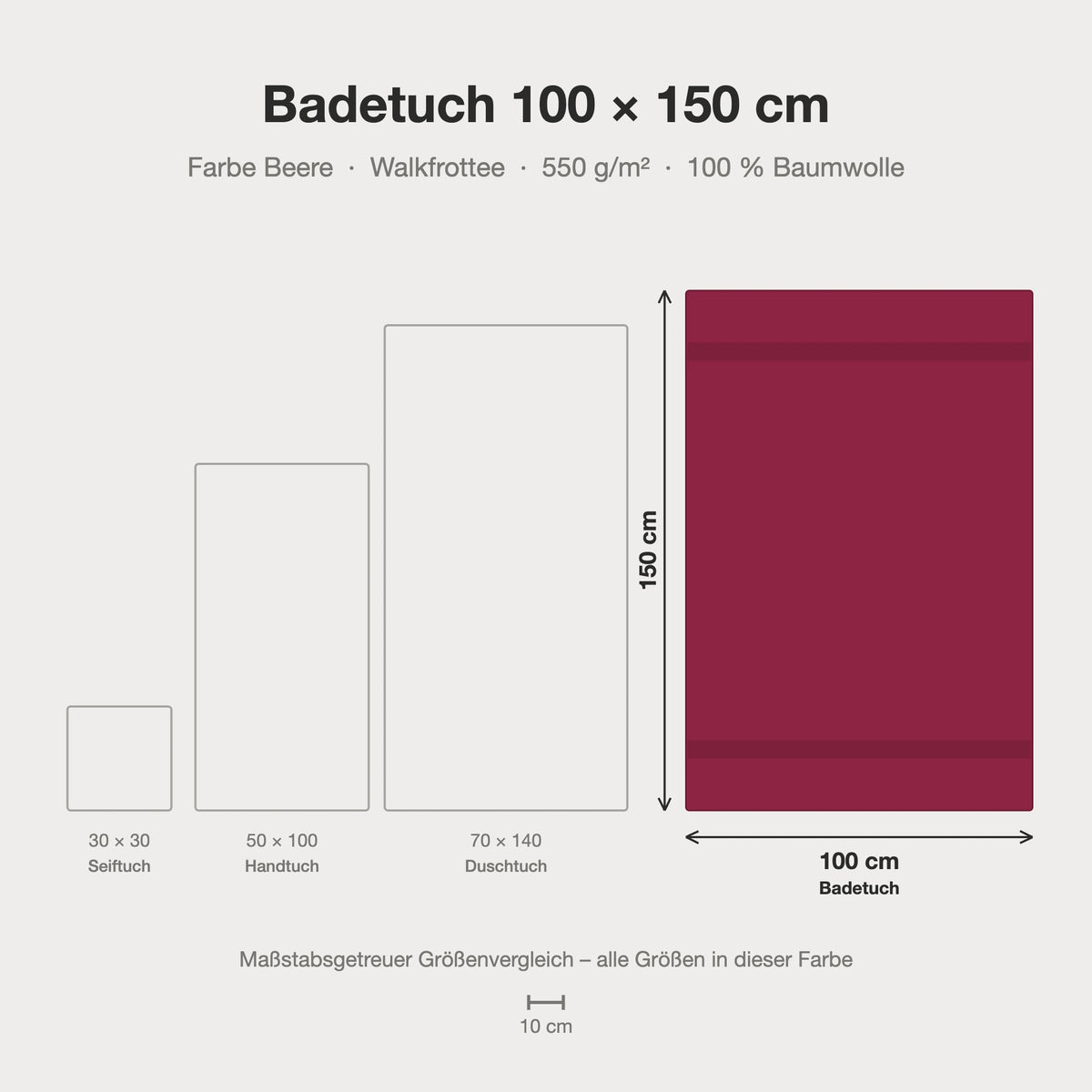 Maßstabsgetreue Größen-Infografik: Badetuch 100 x 150 cm in beere