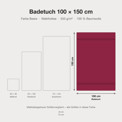 Maßstabsgetreue Größen-Infografik: Badetuch 100 x 150 cm in beere