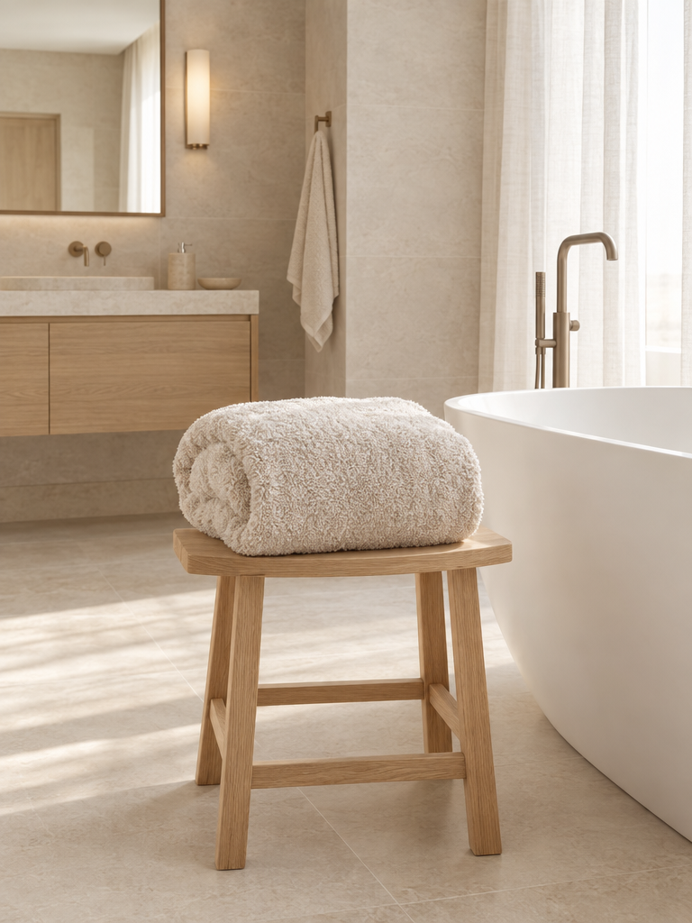 Badetuch beige gefaltet auf einem Eichenhocker neben einer freistehenden Badewanne