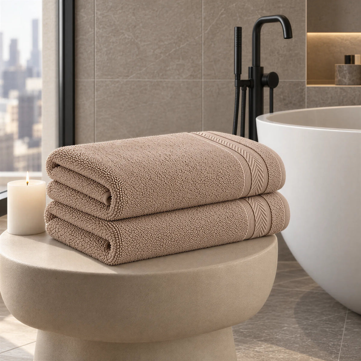 Badetuch Cappuccino-Braun aus Walkfrottee im hellen Badezimmer