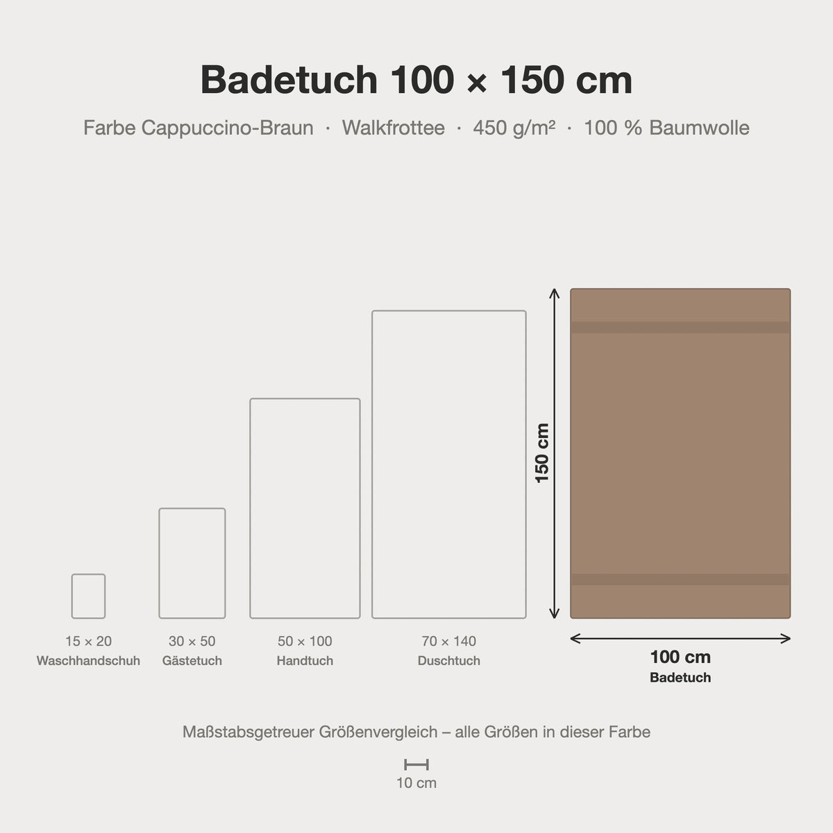 Größenvergleich: Badetuch 100 x 150 cm in Cappuccino-Braun – maßstabsgetreue Infografik