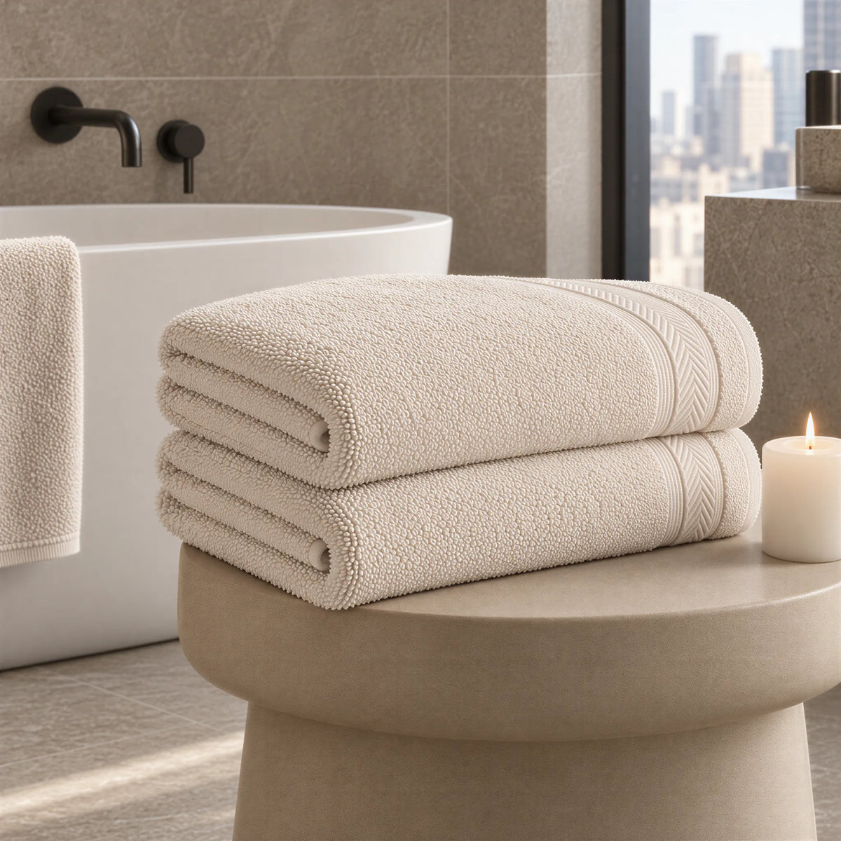 Badetuch Creme-Beige aus Walkfrottee im hellen Badezimmer