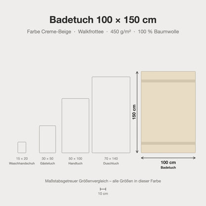 Größenvergleich: Badetuch 100 x 150 cm in Creme-Beige – maßstabsgetreue Infografik