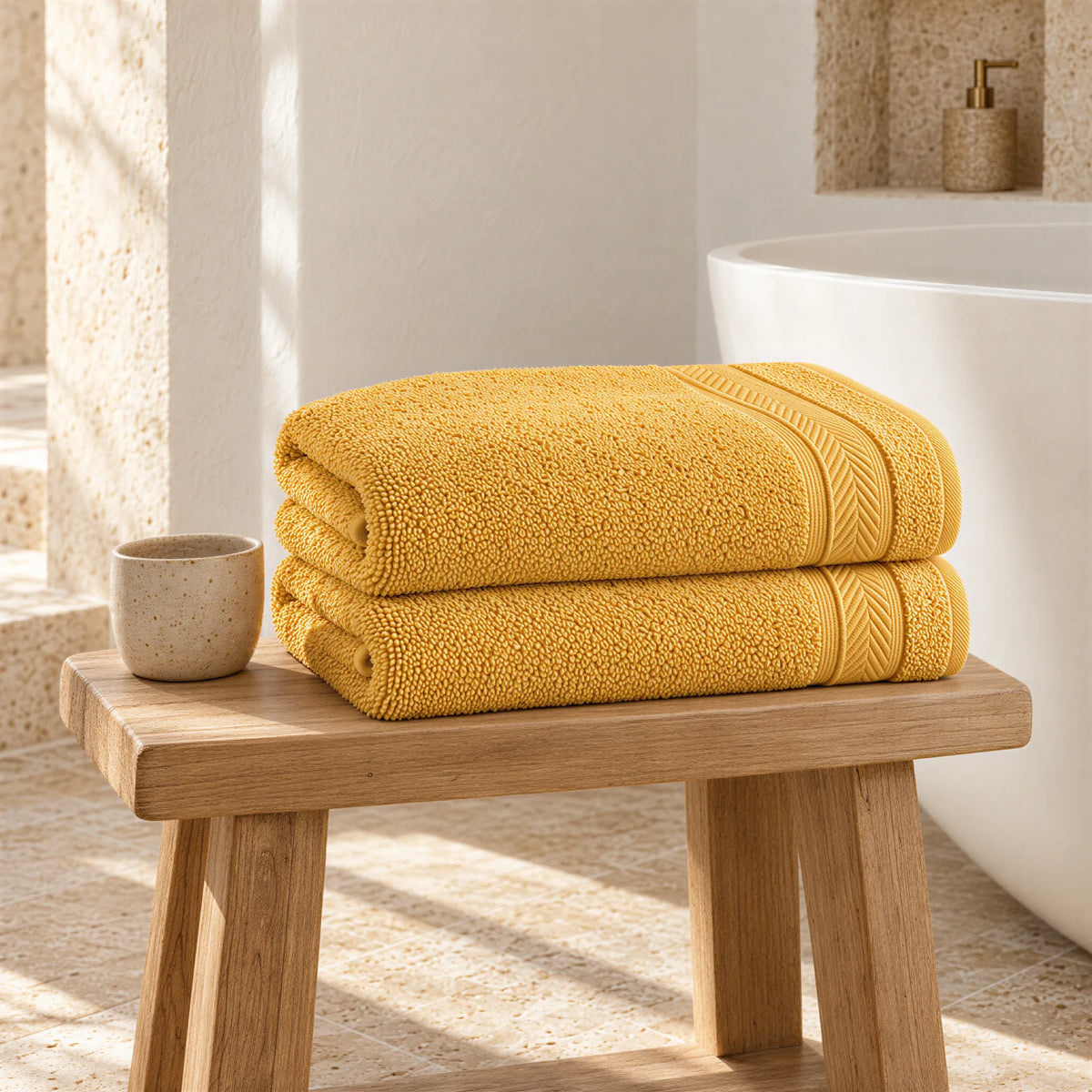 Badetuch Gold aus Walkfrottee im hellen Badezimmer