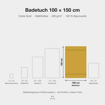 Größenvergleich: Badetuch 100 x 150 cm in Gold – maßstabsgetreue Infografik
