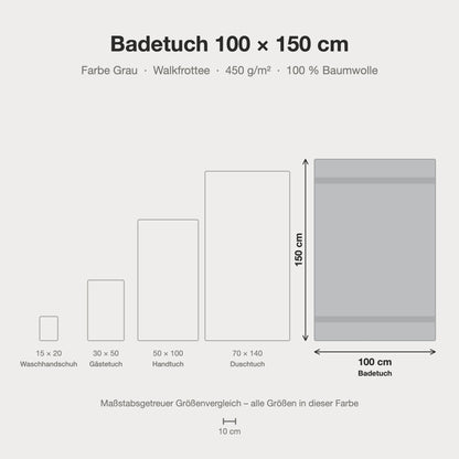 Größenvergleich: Badetuch 100 x 150 cm in Grau – maßstabsgetreue Infografik