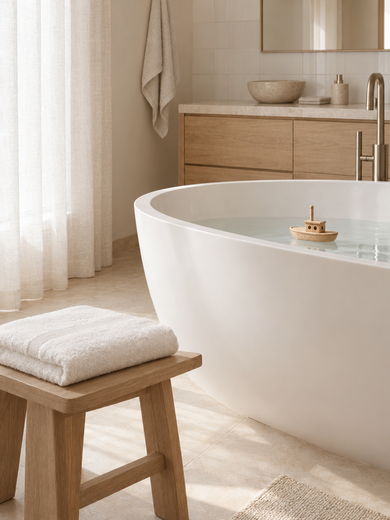 Kleines weiches Badetuch gefaltet neben einer Badewanne