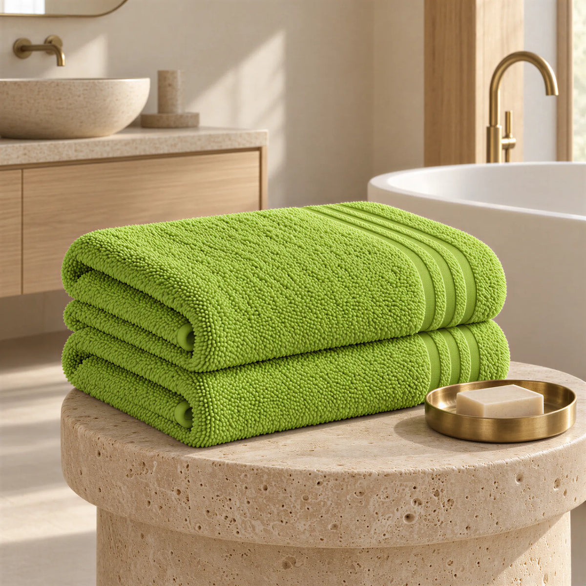 Badetuch kiwigrün im hellen Badezimmer