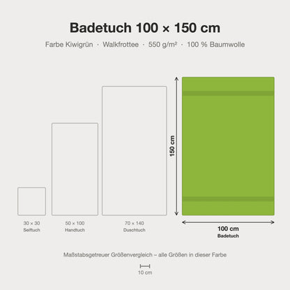 Maßstabsgetreue Größen-Infografik: Badetuch 100 x 150 cm in kiwigrün