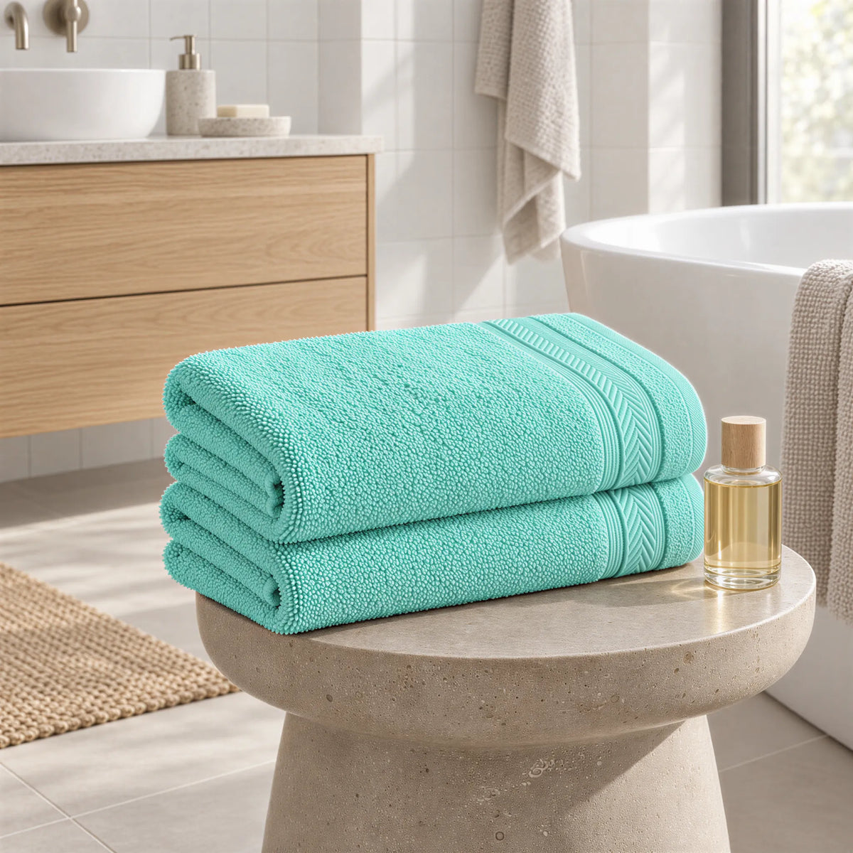 Badetuch Mint aus Walkfrottee im hellen Badezimmer