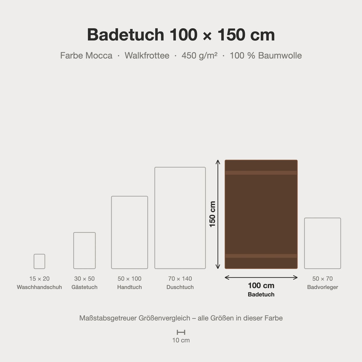 Größenvergleich: Badetuch 100 x 150 cm in Mocca – maßstabsgetreue Infografik