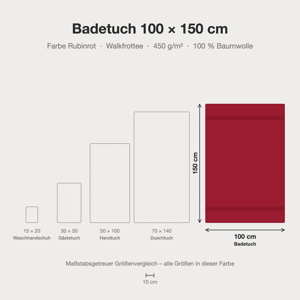 Größenvergleich: Badetuch 100 x 150 cm in Rubinrot – maßstabsgetreue Infografik