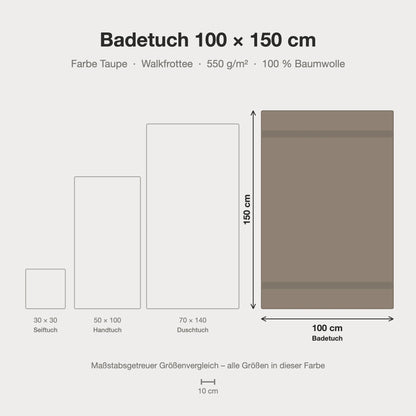 Maßstabsgetreue Größen-Infografik: Badetuch 100 x 150 cm in taupe