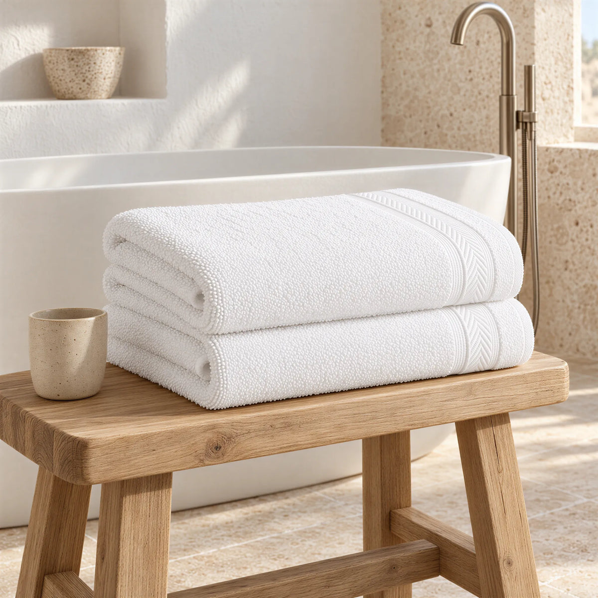 Badetuch Weiß aus Walkfrottee im hellen Badezimmer