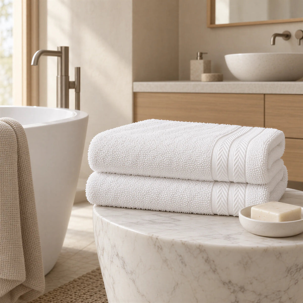 Badetuch weiß im hellen Badezimmer