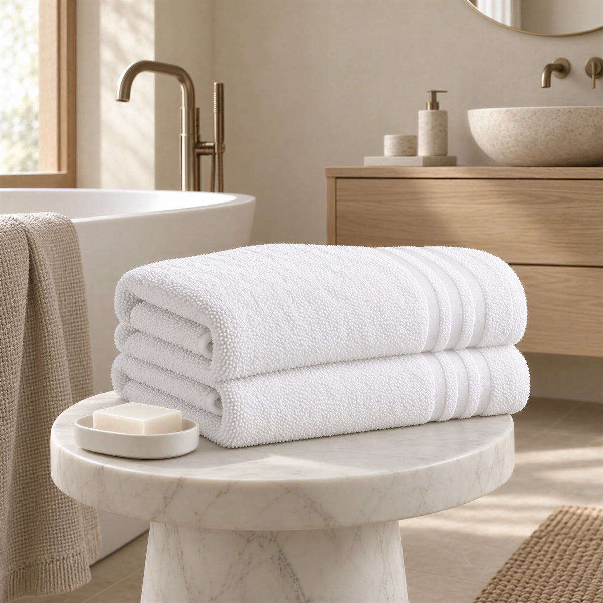 Badetuch weiß im hellen Badezimmer