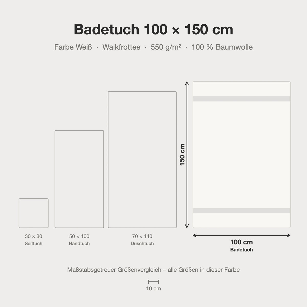 Maßstabsgetreue Größen-Infografik: Badetuch 100 x 150 cm in weiß