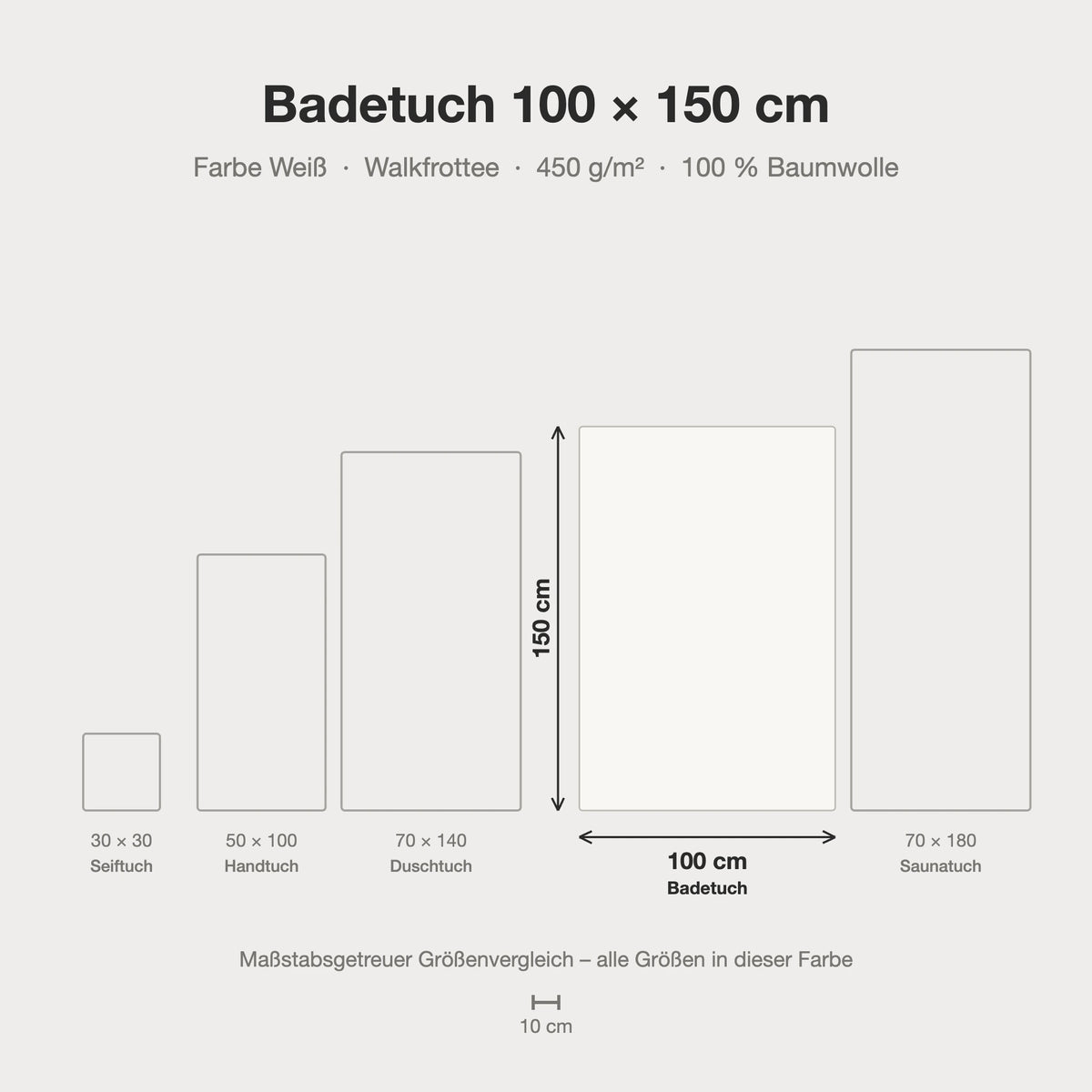 Maßstabsgetreue Größen-Infografik: Badetuch 100 x 150 cm in weiß