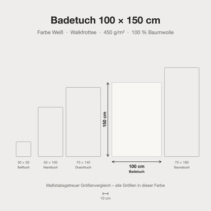 Maßstabsgetreue Größen-Infografik: Badetuch 100 x 150 cm in weiß