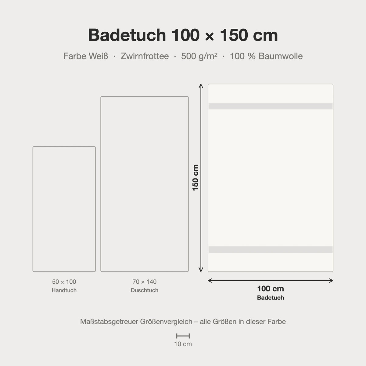 Größenvergleich: Badetuch 100 x 150 cm in weiß – maßstabsgetreue Infografik