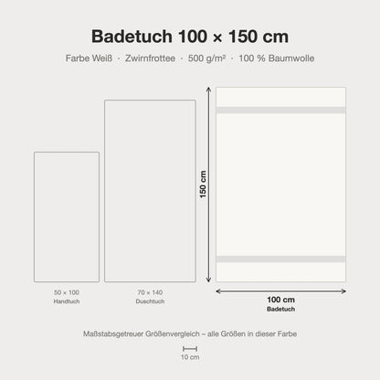 Größenvergleich: Badetuch 100 x 150 cm in weiß – maßstabsgetreue Infografik