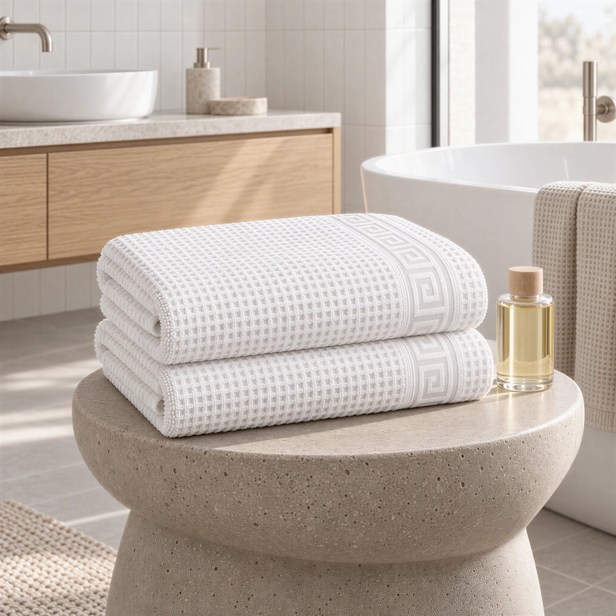 Badetuch weiß aus Zwirnfrottee im hellen Badezimmer