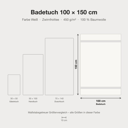Größenvergleich: Badetuch 100 x 150 cm in weiß – maßstabsgetreue Infografik
