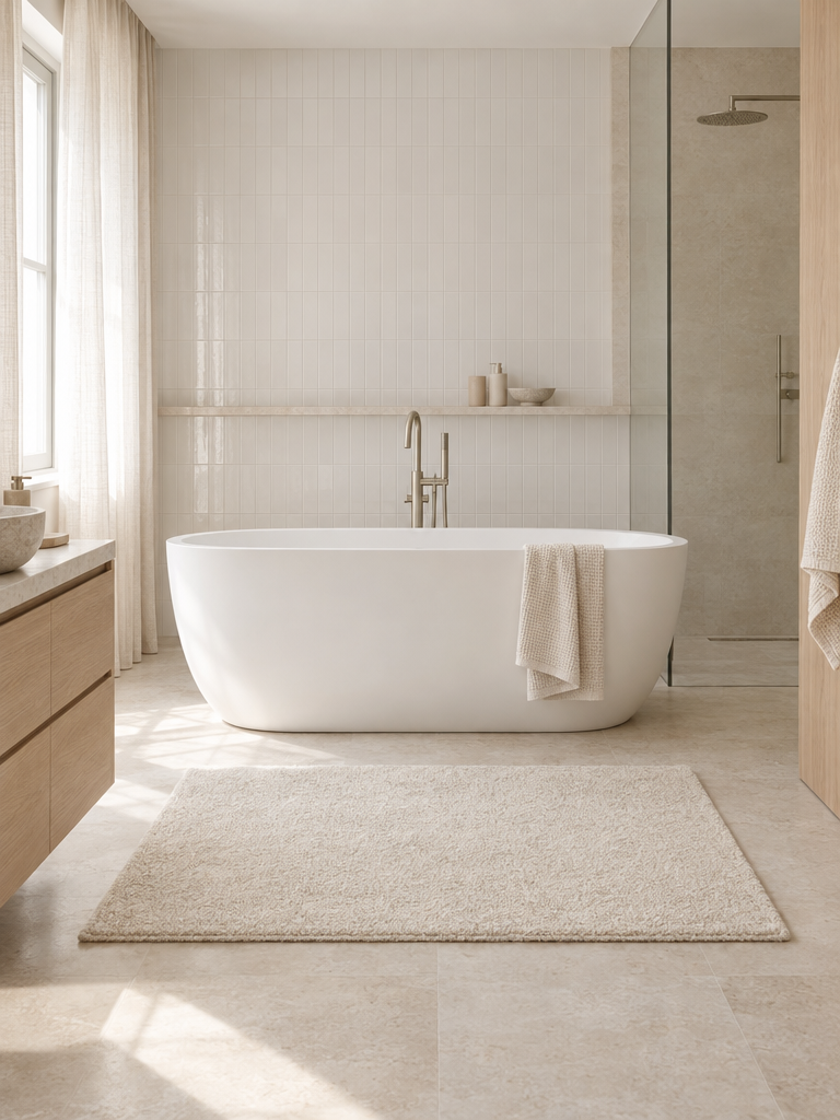 Großer Badezimmerteppich vor einer freistehenden Badewanne
