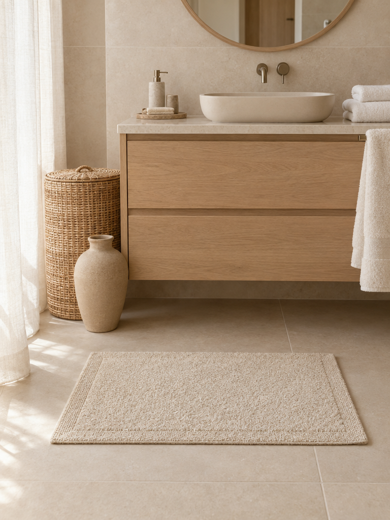 Badteppich beige Boho-Stil mit Rattankorb und Keramikvase im hellen Bad